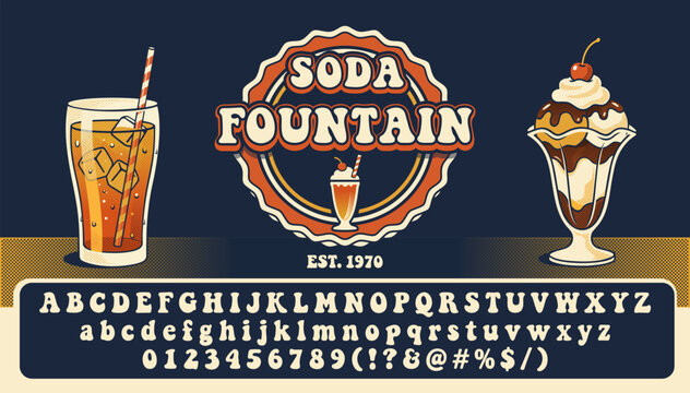 Retro 1970s style vector alphabet and numbers. Vintage typography set with soda glass and ice cream sundae illustrations. Perfect for diner menus, posters, and nostalgic cafe designs.