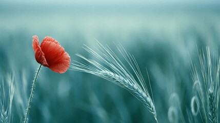 Obraz premium Delicate Red Poppy in Field of Wheat with Soft Focus and Teal Tones