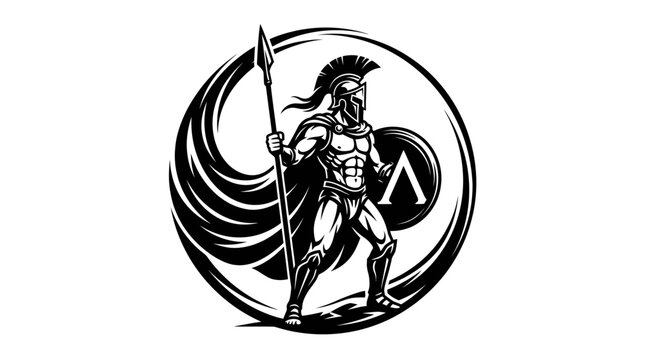 Spartan warrior crest with circular ornamental frame.