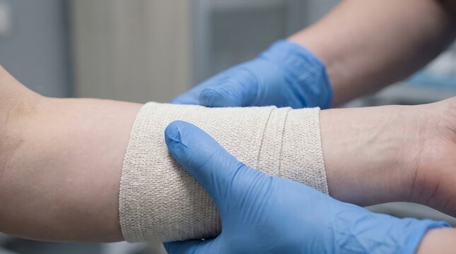 Medical professional applying elastic compression bandage around patient arm to provide injury support care with healthcare worker wearing patient forearm clinical