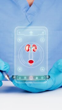 The doctor uses a telemedicine and artificial intelligence mobile app for digital monitoring of the male urinary system, and detection of prostate and bladder cancer. Modern men's health concept.
