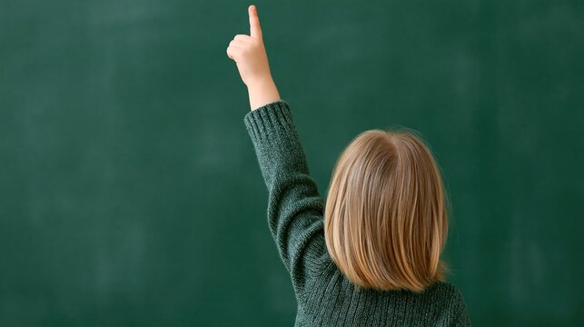 Young student raises hand in class enthusiastically, eager to answer question on green chalkboard background
