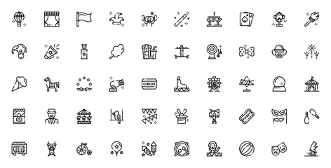 Circus 4017 icon set. Minimal vector icons pack. Featuring hot air balloon, stage, flag, buffoon, athlete, magic, torch, elephant, cotton candy, popcorn, clown, fireworks, juggling, cannon, circus ten © wang