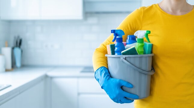 Person holding plastic bucket filled with colorful cleaning supplies for household sanitization with various cleaning bottles wearing yellow clothing