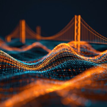 Abstract digital waves and golden bridge structure representing network connectivity