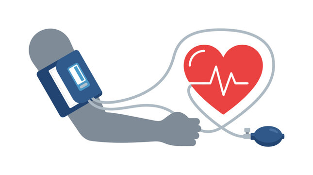 Blood pressure monitor illustration with heart pulse and medical cuff on arm. EPS Editable. Vector Illustrations.