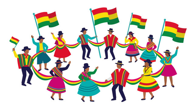 Bolivian traditional dancers performing with national flags in a circle. EPS Editable. Vector Illustrations.