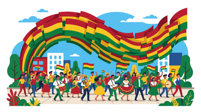 Bolivian Independence Day Parade Celebration with People Dancing and Waving Flags. EPS Editable. Vector Illustrations.