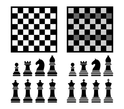 Chess Board and Pieces Strategy Icon Set, King Queen Knight Pawn Game Vector Template