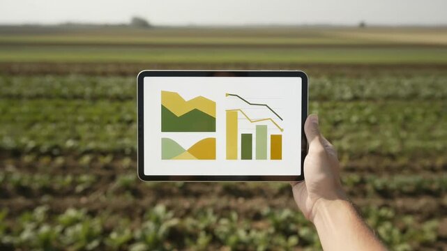 Medium shot of a hand holding a digital tablet displaying diversified agriculture insurance fund charts with blurred farmland in the background.