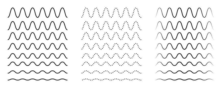 Wavy Line and Dotted Wave Stroke Vector Set, Sine Curve Pattern Divider Design Element