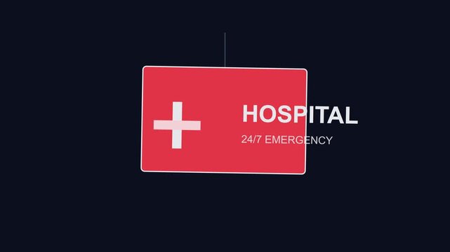 Hospital 24/7 emergency sign swinging animation for medical facility wayfinding and healthcare communication 4k