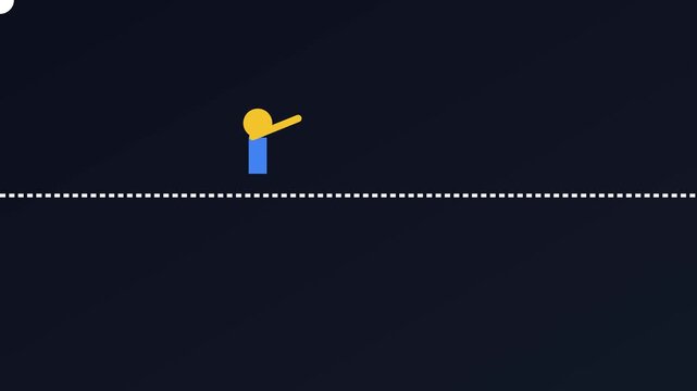 Minimalist 2 d animation of a stick figure character pointing and gesturing on a dark 4k background, 2d animation