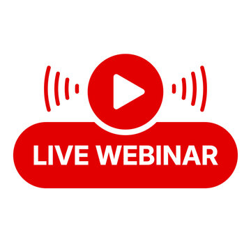 Live Webinar Stream Vector Badge, Red Video Play Button and Broadcast Signal Icon Label