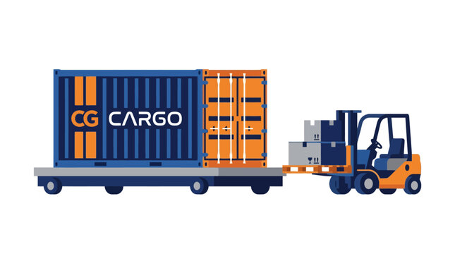 Forklift loading shipping container onto flatbed trailer for logistics transport. EPS Editable. Vector Illustrations.