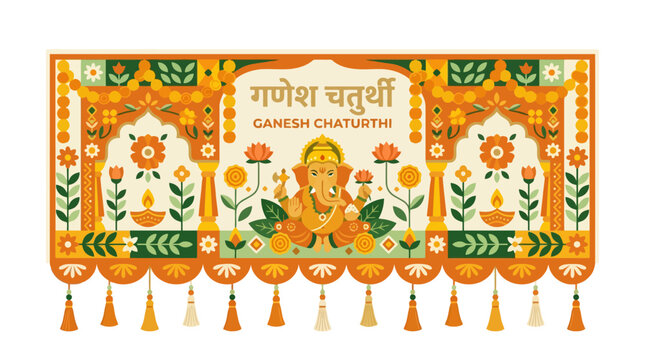 Ganesh Chaturthi festival banner with Lord Ganesha and floral decorations. EPS Editable. Vector Illustrations.