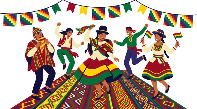 Group of people in traditional Andean clothing dancing during a festive celebration. EPS Editable. Vector Illustrations.