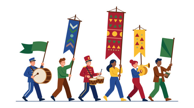 Group of diverse people marching in a festive parade with flags and musical instruments. EPS Editable. Vector Illustrations.