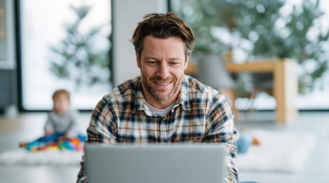 Father working on laptop at home with toddler child as a busy dad parenting family