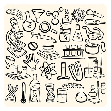 Hand drawn science lab equipment elements collection doodle set