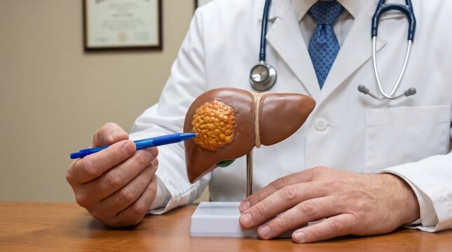 Doctor explaining liver tumor anatomy using anatomical model for patient education with medical professional using pen point diseased liver model during clinical consultation