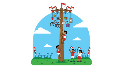 Fototapeta premium Indonesian Independence Day Panjat Pinang Traditional Pole Climbing Competition Illustration. EPS Editable. Vector Illustrations.