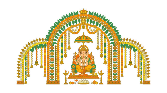 Lord Ganesha idol under decorative floral arch for Ganesh Chaturthi festival. EPS Editable. Vector Illustrations.