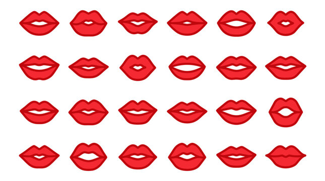 Collection of twenty-four minimalist red lip icons featuring various mouth shapes and facial expressions like smiling, talking, and kissing, isolated on a white background.