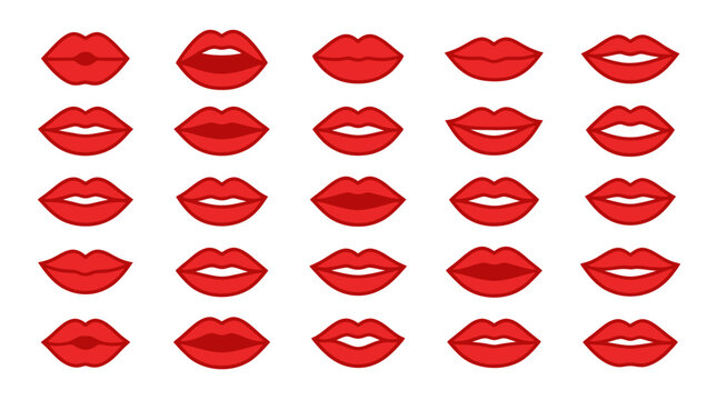 Collection of 25 red lip icons in a flat vector design grid. Detailed illustrations show various mouth shapes including smiling, open, and puckered for beauty and fashion use.