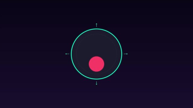 Minimalist motion of a pink circle rotating inside a teal ring with directional arrows for tech and ui animation 4k