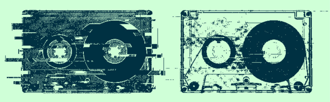 Vector Retro Duotone Audio Cassette Tapes Graphic Illustration with Glitch and Grunge Effects.