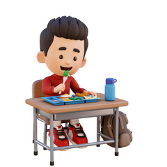 3D Young Boy Eating Lunch at School