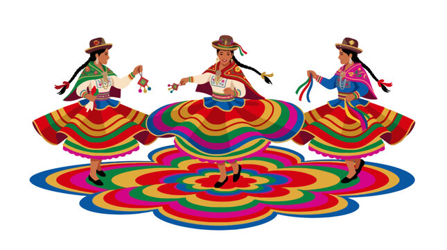 Three Peruvian women dancing in traditional colorful costumes with wide skirts. EPS Editable. Vector Illustrations.