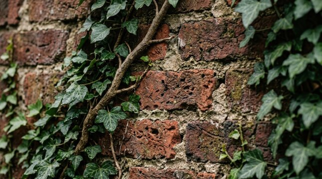 Climbing Ivy on Rustic Red Brick Wall in Natural Outdoor Environment Close-Up View of Green Leaves and Textured Surface