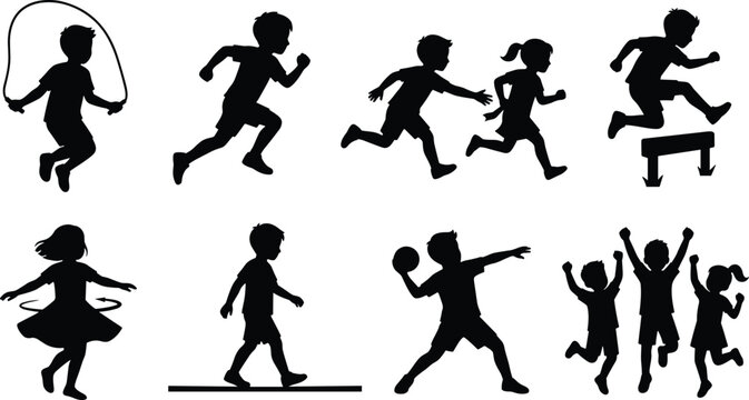 Children Sports and Play Silhouette Collection with Running Jump Rope Ball Games and Fitness Activities