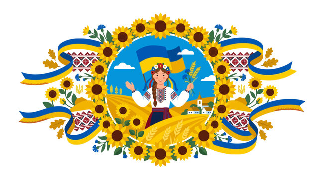 Ukrainian girl in traditional folk dress with sunflowers and national flag illustration. EPS Editable. Vector Illustrations.