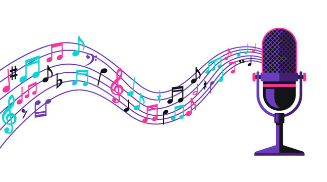 Vintage microphone with colorful musical notes flowing on a staff. EPS Editable. Vector Illustrations.
