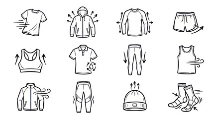 Collection of hand drawn doodle icons representing various types of activewear and performance clothing. © Faiz