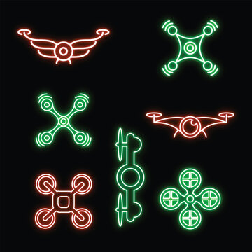 Futuristic drone technology and quadcopter sign vectors with glowing orange and green neon line art on black background