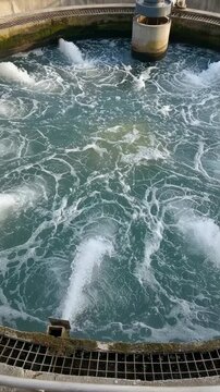 Water aeration process in a circular industrial wastewater treatment tank. Aerator system purifying sewage liquid for environmental protection and water management. Vertical video