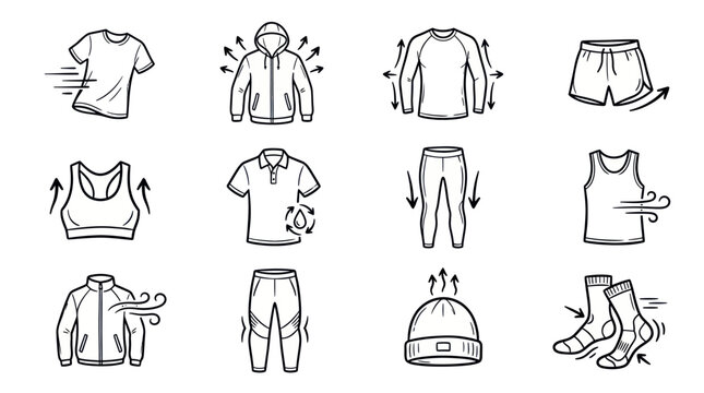 Collection of hand drawn doodle icons representing various types of activewear and performance clothing.