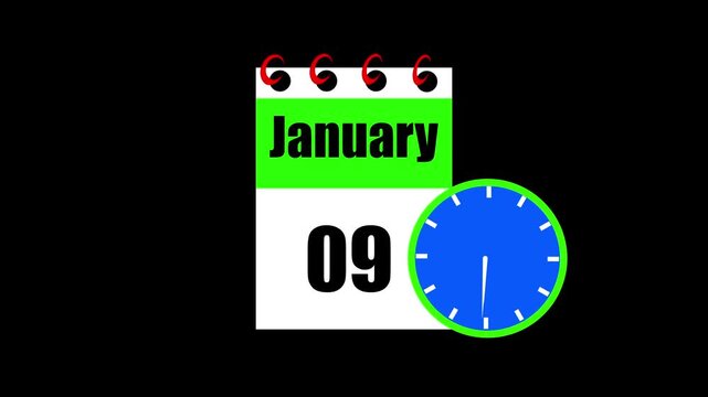 January month 09 date calendar icon animation. Animated Calendar Icon Showing Date Change with Clock Symbol for Appointment Scheduling and Deadlines. Modern design calendar symbol background 4k video.