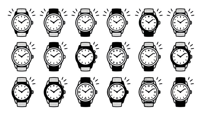 Collection of hand-drawn wristwatches in various styles, showcasing different watch faces and bands.
