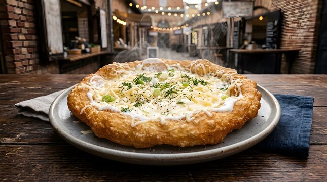 Hungarian langos fried flatbread with sour cream, cheese and herbs, street food on plate