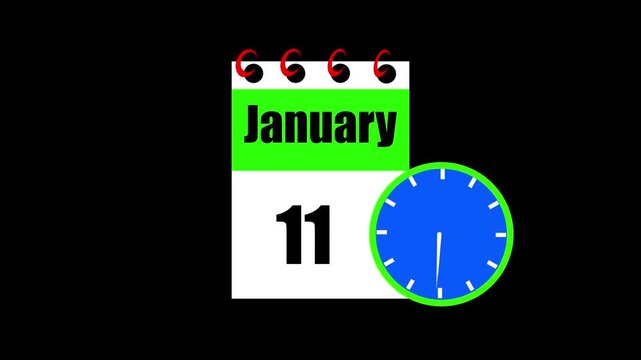 January month 11 date calendar icon animation. Animated Calendar Icon Showing Date Change with Clock Symbol for Appointment Scheduling and Deadlines. Modern design calendar symbol background 4k video.