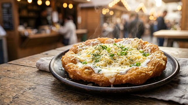Hungarian langos fried flatbread with sour cream and cheese at outdoor Christmas market