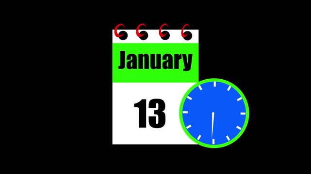 January month 13 date calendar icon animation. Animated Calendar Icon Showing Date Change with Clock Symbol for Appointment Scheduling and Deadlines. Modern design calendar symbol background 4k video.