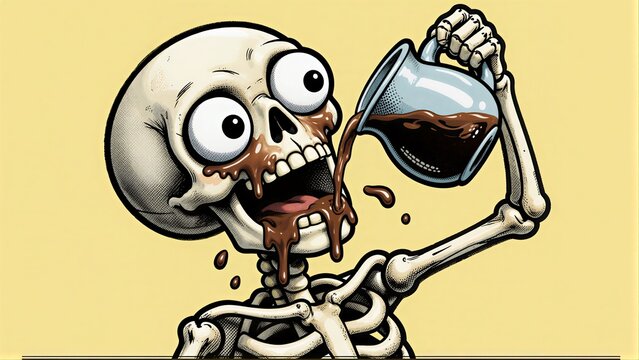 Skeleton drinks chocolate, eyes wide with delight against a yellow background.