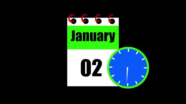 January month 02 date calendar icon animation. Animated Calendar Icon Showing Date Change with Clock Symbol for Appointment Scheduling and Deadlines. Modern design calendar symbol background 4k video.