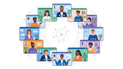 Naklejka premium Diverse group of people in a virtual meeting connected by a network graphic